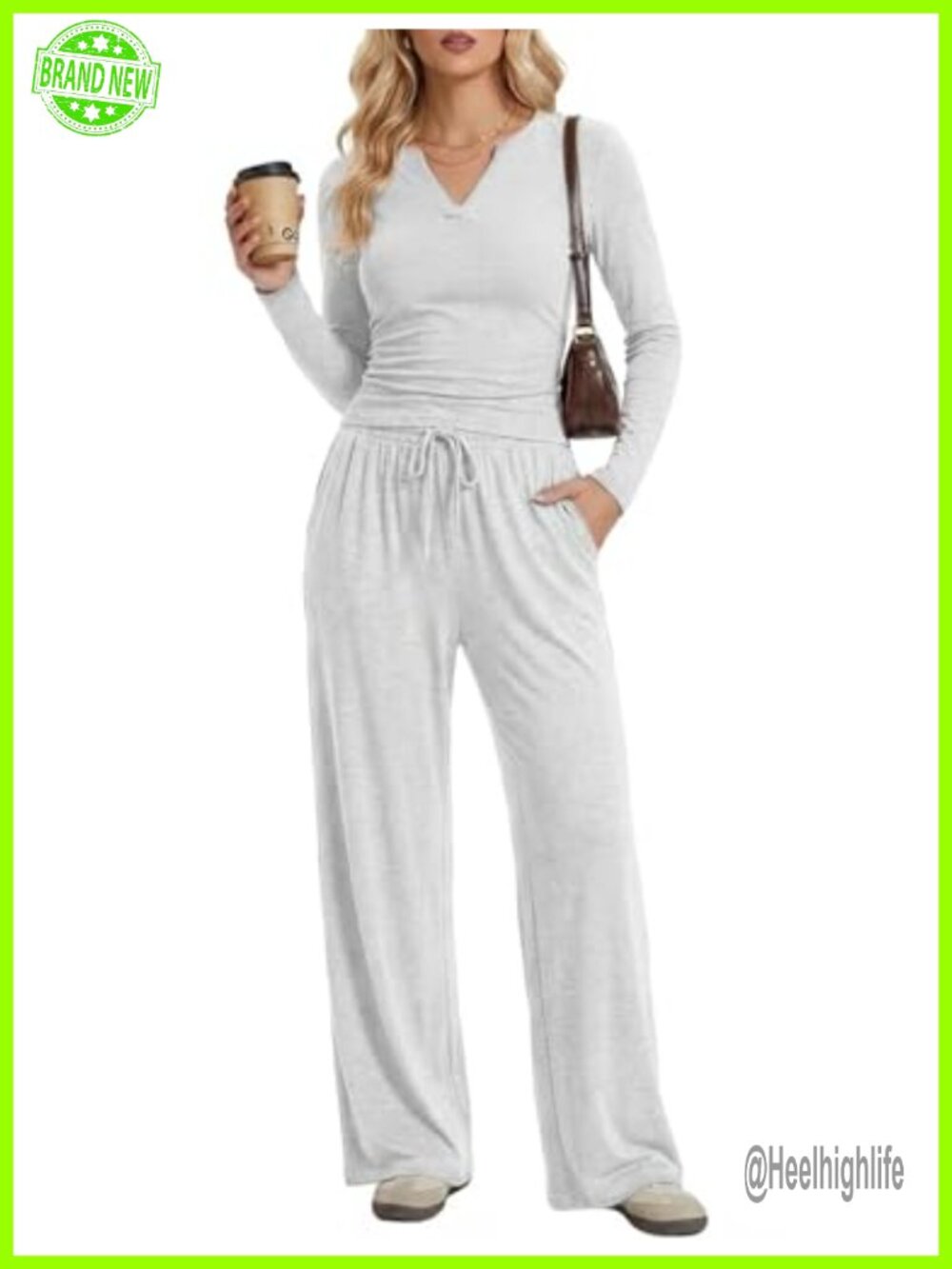 Two Piece Lounge Set V Neck Ruched Crop Top Wide Leg Pants